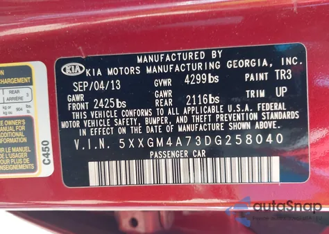 2013 Kia Optima Lx z USA, uszkodzony, nr VIN 5XXGM4A73DG258040